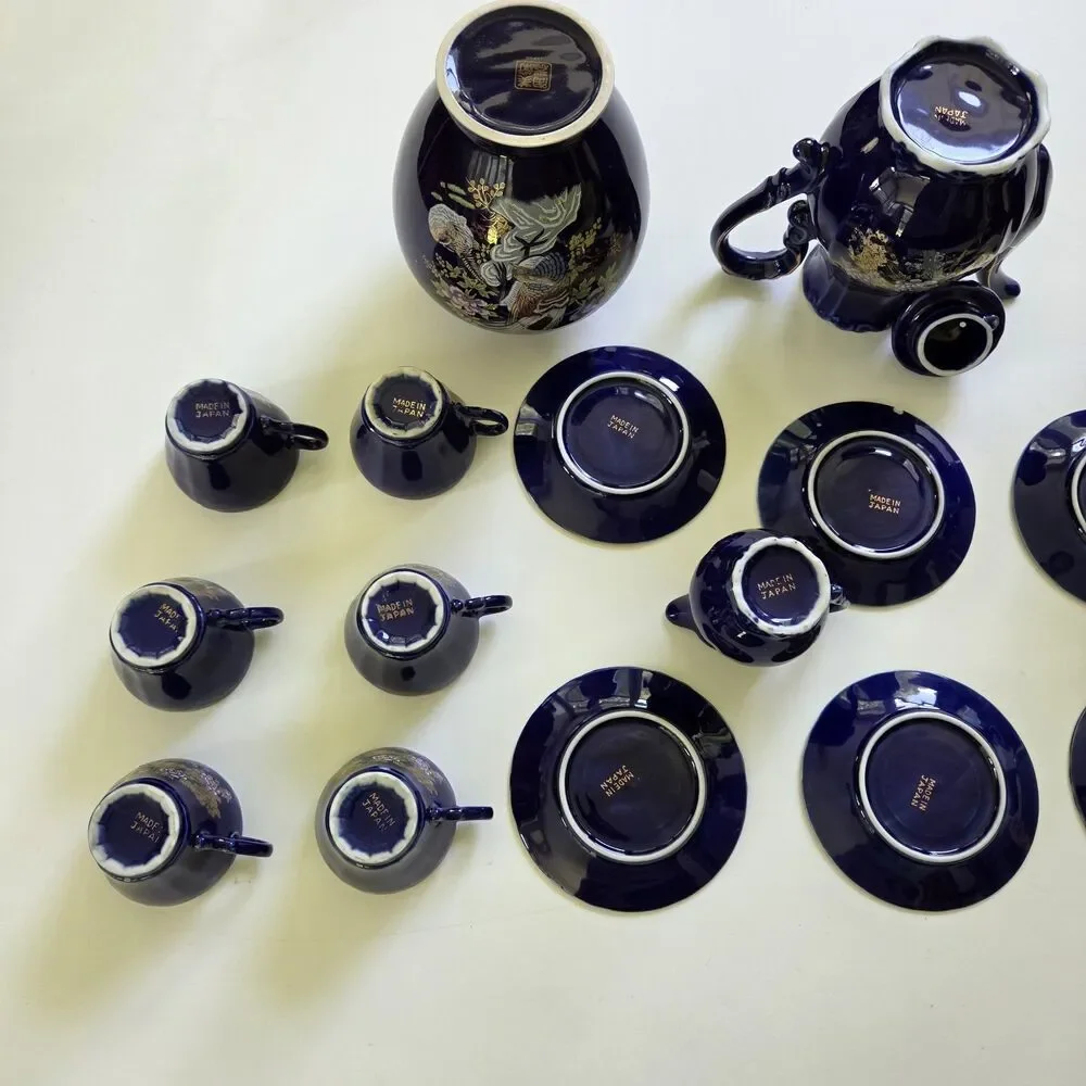 Vintage Hand Spray KT in Glaze Cobalt Blue Japanese 17 Pc. Tea Set 1960’s